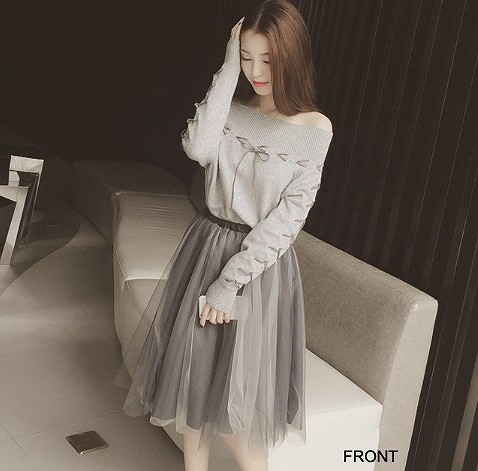 レディース　ニット　ワンピース　オフショルダー　ミモレ丈　シフォン　長袖セーター　フレア　リボン　無地　大人可愛い　シンプル　リゾート　お出かけ　パーティ　入学式　卒業式　謝恩会　デート　グレー　送料無料