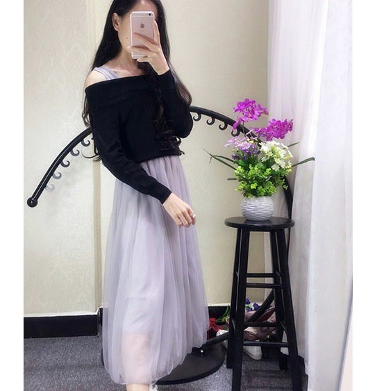 レディース　ニット　ツーピースドレス　トップス＆ワンピース　ロング丈　シフォン　ノースリーブワンピ　長袖　フレア　無地　オフショルダー　大人可愛い　シンプル　お出かけ　パーティ　入学式　卒業式　謝恩会　デート　パープル　ベージュ　グレー　送料無料