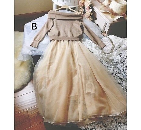 レディース　ニット　ツーピースドレス　トップス＆ワンピース　ロング丈　シフォン　ノースリーブワンピ　長袖　フレア　無地　オフショルダー　大人可愛い　シンプル　お出かけ　パーティ　入学式　卒業式　謝恩会　デート　パープル　ベージュ　グレー　送料無料