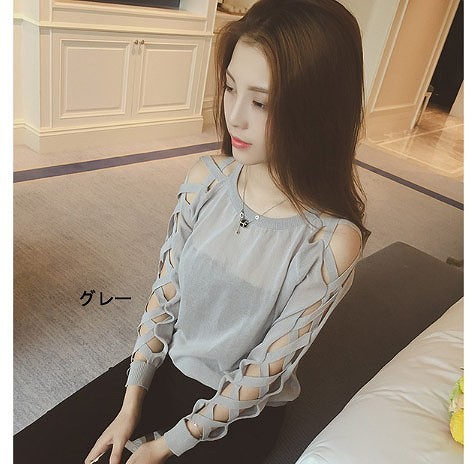 レディース　トップス　セクシー　レーススリーブ　ニット　カットソー　ラウンドネック　無地　長袖　シンプル　カジュアル　フリーサイズ　大人可愛い　フェミニン　デート　お出かけ　デイリー　ブラック　グレー　ホワイト　送料無料