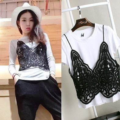 レディース　トップス　シフォンカットソー&レースベスト　セット　半袖　ラウンドネック　無地　シンプル　カジュアル　フリーサイズ　大人可愛い　セクシー　普段着　デート　お出かけ　デイリー　ホワイト　ブラック　送料無料