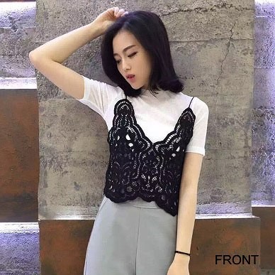 レディース　トップス　シフォンカットソー&レースベスト　セット　半袖　ラウンドネック　無地　シンプル　カジュアル　フリーサイズ　大人可愛い　セクシー　普段着　デート　お出かけ　デイリー　ホワイト　ブラック　送料無料