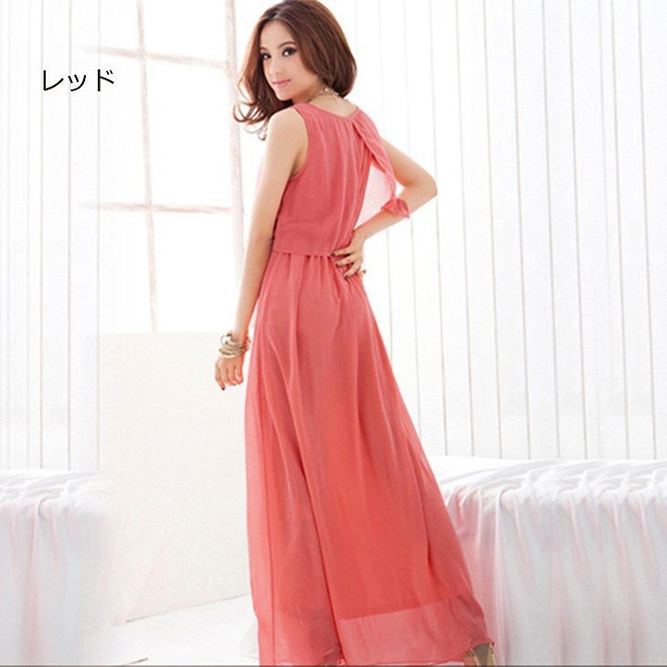 レディース　マキシ丈　ワンピース　無地　ロングワンピ　ノースリーブ　ラウンドネック　シフォン　ゆったり　大人カジュアル　大きいサイズ　シンプル　リゾート　デイリー　お出かけ　デート　グレー　レッド　グリーン　ブラック　送料無料