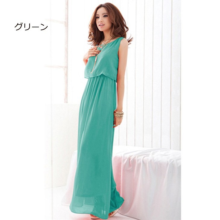 レディース　マキシ丈　ワンピース　無地　ロングワンピ　ノースリーブ　ラウンドネック　シフォン　ゆったり　大人カジュアル　大きいサイズ　シンプル　リゾート　デイリー　お出かけ　デート　グレー　レッド　グリーン　ブラック　送料無料