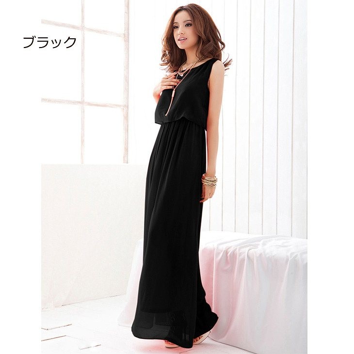レディース　マキシ丈　ワンピース　無地　ロングワンピ　ノースリーブ　ラウンドネック　シフォン　ゆったり　大人カジュアル　大きいサイズ　シンプル　リゾート　デイリー　お出かけ　デート　グレー　レッド　グリーン　ブラック　送料無料