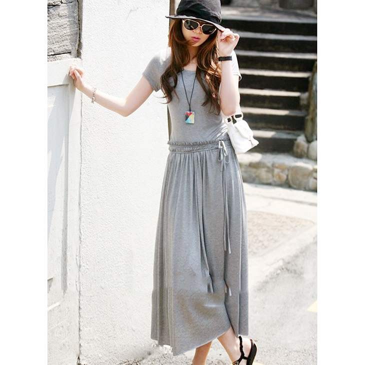 レディース　マキシ丈　ワンピース　無地　ロングワンピ　半袖　ラウンドネック　ゆったり　コットン　大人カジュアル　ラフスタイル　フリーサイズ　シンプル　リゾート　デイリー　お出かけ　デート　グレー　ネイビー　ブラック　送料無料