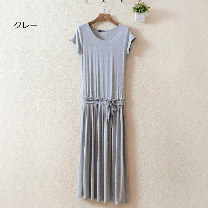 レディース　マキシ丈　ワンピース　無地　ロングワンピ　半袖　ラウンドネック　ゆったり　コットン　大人カジュアル　ラフスタイル　フリーサイズ　シンプル　リゾート　デイリー　お出かけ　デート　グレー　ネイビー　ブラック　送料無料