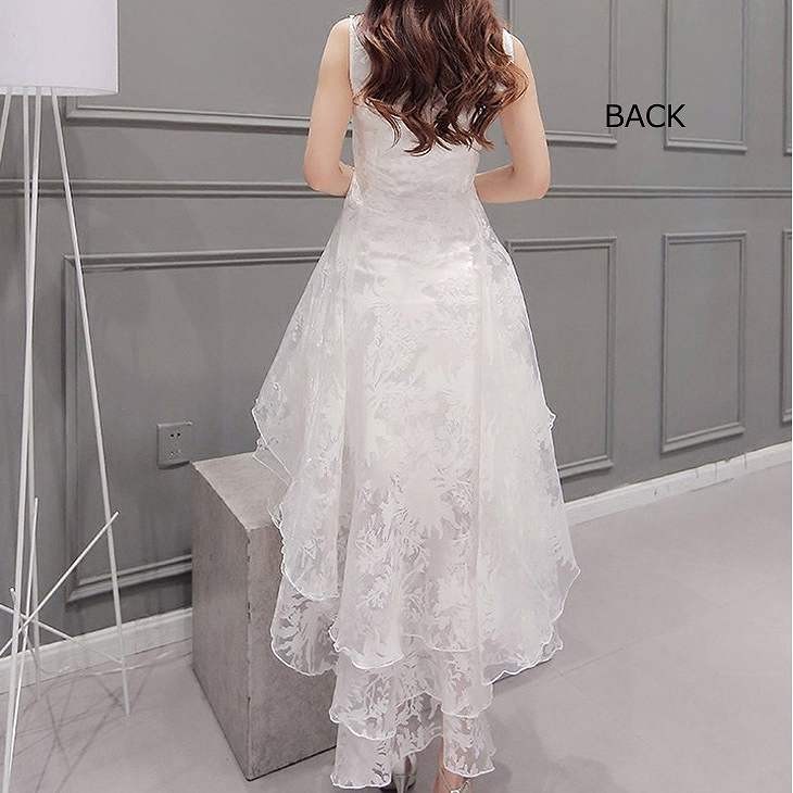 レディース　フィッシュテール　ワンピース　シフォン　レース　無地　マキシ丈　ノースリーブ　ラウンドネック　フレア　清楚　フォーマル　フェミニン　大きいサイズ　シンプル　結婚式　2次会　パーティ　披露宴　ホワイト　送料無料