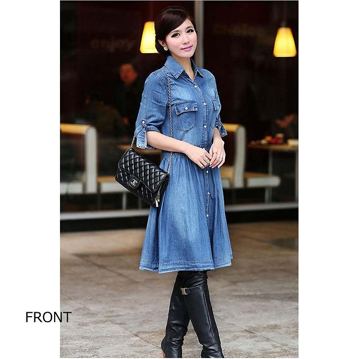 レディース　デニム　ワンピース　膝丈　シャツワンピ　無地　5分袖　ゆったり　ウエストゴム　フレア　大人カジュアル　ラフスタイル　大きいサイズ　シンプル　リゾート　デイリー　お出かけ　デート　ブルー　送料無料