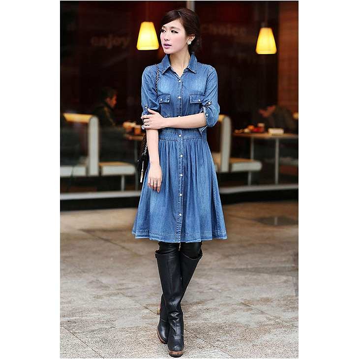 レディース　デニム　ワンピース　膝丈　シャツワンピ　無地　5分袖　ゆったり　ウエストゴム　フレア　大人カジュアル　ラフスタイル　大きいサイズ　シンプル　リゾート　デイリー　お出かけ　デート　ブルー　送料無料