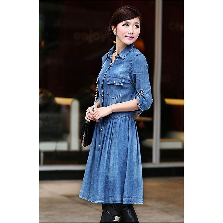 レディース　デニム　ワンピース　膝丈　シャツワンピ　無地　5分袖　ゆったり　ウエストゴム　フレア　大人カジュアル　ラフスタイル　大きいサイズ　シンプル　リゾート　デイリー　お出かけ　デート　ブルー　送料無料