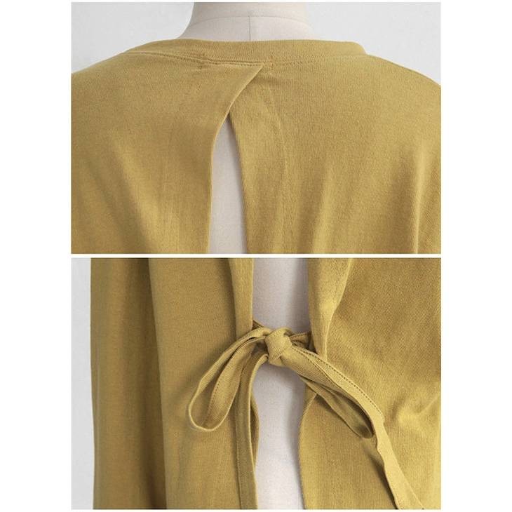 レディース　トップス　バックオープン　カットソー　Tシャツ　ラウンドネック　リボン　長袖　無地　シンプル　カジュアル　大人可愛い　フェミニン　大きいサイズ　オフィス　デート　お出かけ　デイリー　普段着　ホワイト　ネイビー　ブラック　オリーブ　送料無料