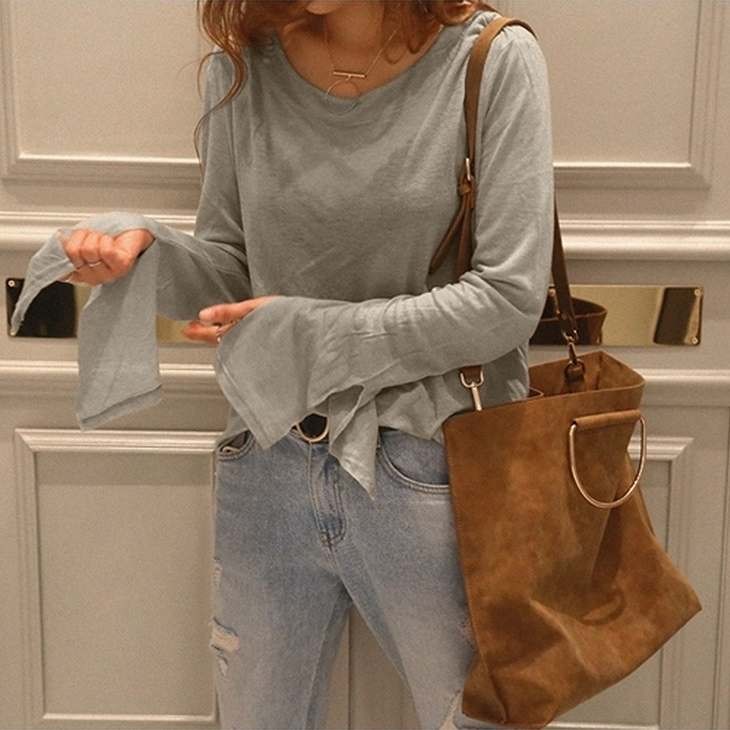 レディース　トップス　カットソー　Tシャツ　無地　ラウンドネック　長袖　スリーブスリット　シンプル　カジュアル　大人可愛い　フェミニン　フリーサイズ　オフィス　デート　お出かけ　デイリー　普段着　グレー　チャコール　ブラック　アイボリー　送料無料