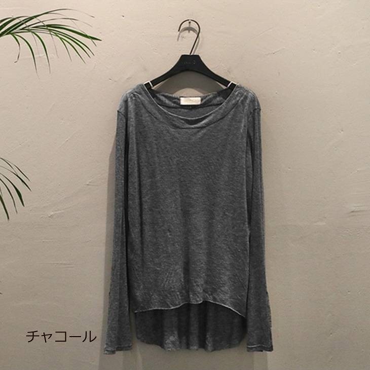 レディース　トップス　カットソー　Tシャツ　無地　ラウンドネック　長袖　スリーブスリット　シンプル　カジュアル　大人可愛い　フェミニン　フリーサイズ　オフィス　デート　お出かけ　デイリー　普段着　グレー　チャコール　ブラック　アイボリー　送料無料