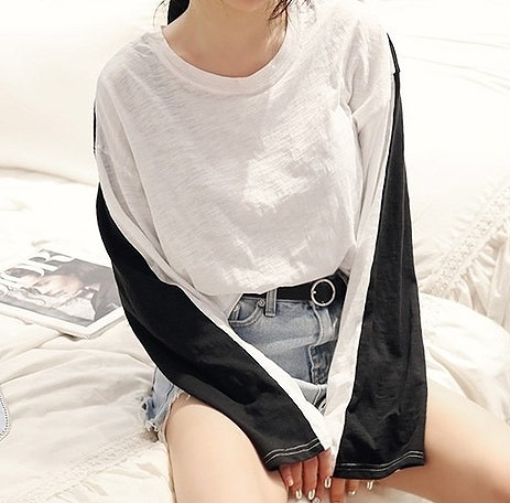レディース　Ｔシャツ　長袖　ルーズスリーブ　前後切り替え　おしゃれ　ストリート　カジュアル　大人可愛い　エレガント　デート　デイリー　お出かけ　ブラック　ホワイト　送料無料