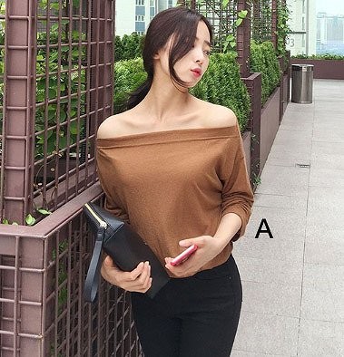 レディース　Ｔシャツ　長袖　無地　ミディアム丈　オフショルダー　おしゃれ　ストリート　カジュアル　大人可愛い　エレガント　デート　デイリー　お出かけ　ブラウン　ブラック　ホワイト　送料無料