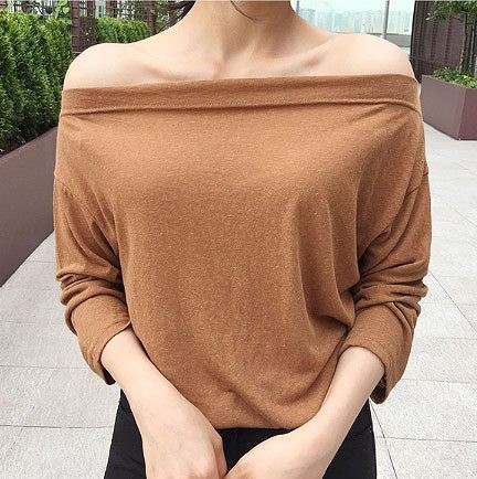レディース　Ｔシャツ　長袖　無地　ミディアム丈　オフショルダー　おしゃれ　ストリート　カジュアル　大人可愛い　エレガント　デート　デイリー　お出かけ　ブラウン　ブラック　ホワイト　送料無料