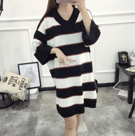 レディース　ニットセーター　７分袖　ボーダー　ロング丈　ルーズスタイル　おしゃれ　ストリート　カジュアル　大人可愛い　エレガント　デート　デイリー　お出かけ　ホワイト　グレー　送料無料