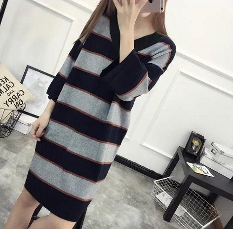 レディース　ニットセーター　７分袖　ボーダー　ロング丈　ルーズスタイル　おしゃれ　ストリート　カジュアル　大人可愛い　エレガント　デート　デイリー　お出かけ　ホワイト　グレー　送料無料