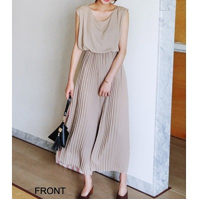 レディース　オールインワン　ノースリーブ　パンツスーツ　無地　プリーツ　ウエストゴム　フリーサイズ　大人カジュアル　フェミニン　シンプル　オフィス　入学式　卒業式　フォーマル　パーティー　デイリー　お出かけ　デート　ブラック　ベージュ　送料無料