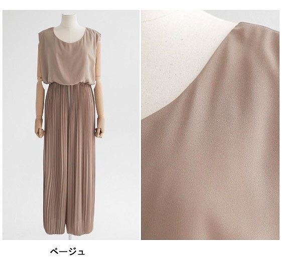レディース　オールインワン　ノースリーブ　パンツスーツ　無地　プリーツ　ウエストゴム　フリーサイズ　大人カジュアル　フェミニン　シンプル　オフィス　入学式　卒業式　フォーマル　パーティー　デイリー　お出かけ　デート　ブラック　ベージュ　送料無料