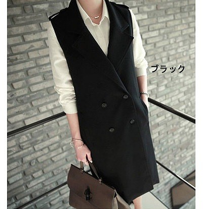 レディース　アウター　トレンチ　ロングコート　ノースリーブ　ベスト　ダブル　大きいサイズ　シンプル　無地　カジュアル　大人可愛い　フェミニン　ビジネス　仕事　オフィス　デート　お出かけ　デイリー　ブラック　ホワイト　送料無料