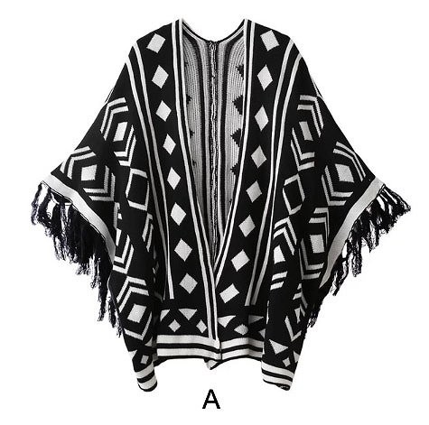 レディース　トップス　ポンチョ　マント　フリンジ　５分袖　幾何学模様　シンプル　カジュアル　春秋冬　大人可愛い　フリーサイズ　フェミニン　オフィス　仕事　デート　お出かけ　デイリー　普段着　ブラック　ピンク　送料無料