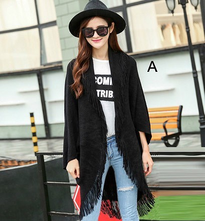 レディース　セミロング　フリンジ　カーディガン　ライトアウター　長袖　無地　シンプル　カジュアル　秋冬　フリーサイズ　大人可愛い　フェミニン　オフィス　デート　お出かけ　デイリー　普段着　ブラック　レッド　グレー　送料無料