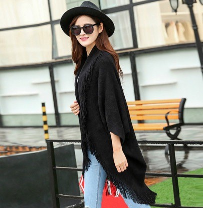 レディース　セミロング　フリンジ　カーディガン　ライトアウター　長袖　無地　シンプル　カジュアル　秋冬　フリーサイズ　大人可愛い　フェミニン　オフィス　デート　お出かけ　デイリー　普段着　ブラック　レッド　グレー　送料無料