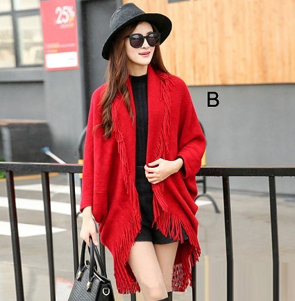 レディース　セミロング　フリンジ　カーディガン　ライトアウター　長袖　無地　シンプル　カジュアル　秋冬　フリーサイズ　大人可愛い　フェミニン　オフィス　デート　お出かけ　デイリー　普段着　ブラック　レッド　グレー　送料無料