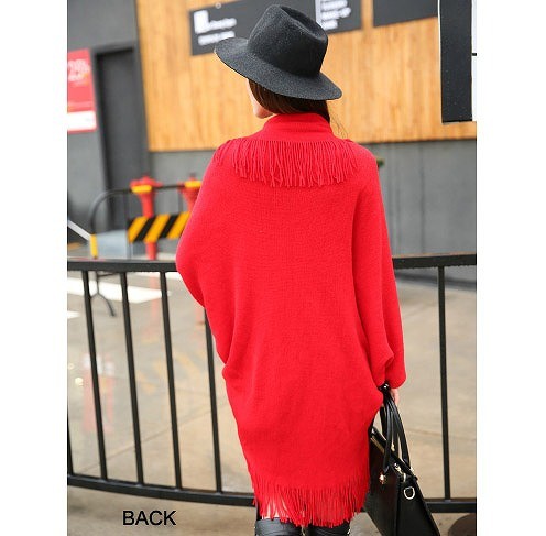 レディース　セミロング　フリンジ　カーディガン　ライトアウター　長袖　無地　シンプル　カジュアル　秋冬　フリーサイズ　大人可愛い　フェミニン　オフィス　デート　お出かけ　デイリー　普段着　ブラック　レッド　グレー　送料無料