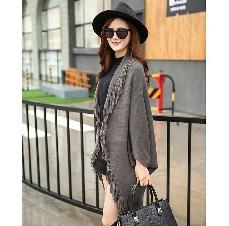 レディース　セミロング　フリンジ　カーディガン　ライトアウター　長袖　無地　シンプル　カジュアル　秋冬　フリーサイズ　大人可愛い　フェミニン　オフィス　デート　お出かけ　デイリー　普段着　ブラック　レッド　グレー　送料無料