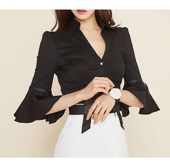 レディース　トップス　Vネック　シャツ　ベルスリーブ　7分袖　無地　シンプル　セクシー　シック　大きいサイズ　大人可愛い　オフィス　仕事　デート　お出かけ　結婚式　2次会　パーティ　謝恩会　ブラック　送料無料