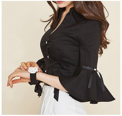 レディース　トップス　Vネック　シャツ　ベルスリーブ　7分袖　無地　シンプル　セクシー　シック　大きいサイズ　大人可愛い　オフィス　仕事　デート　お出かけ　結婚式　2次会　パーティ　謝恩会　ブラック　送料無料