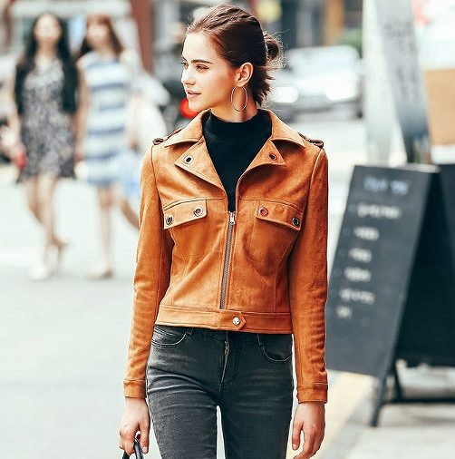 レディース　ライトアウター　スエードジャケット　フロントジップ　ショートジャケット　長袖　無地　シンプル　カジュアル　大人可愛い　リゾート　デート　お出かけ　デイリー　ブラウン　送料無料