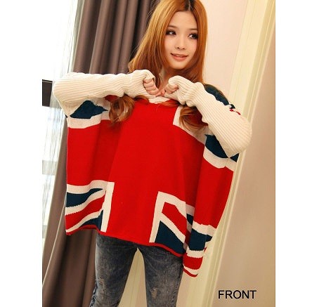 レディース　トップス　ニット　ゆるセーター　Vネック　ユニオンジャック　プルオーバー　長袖　シンプル　ゆったり　カジュアル　フリーサイズ　大人可愛い　フェミニン　デート　お出かけ　デイリー　ネイビー　レッド　送料無料