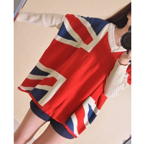 レディース　トップス　ニット　ゆるセーター　Vネック　ユニオンジャック　プルオーバー　長袖　シンプル　ゆったり　カジュアル　フリーサイズ　大人可愛い　フェミニン　デート　お出かけ　デイリー　ネイビー　レッド　送料無料