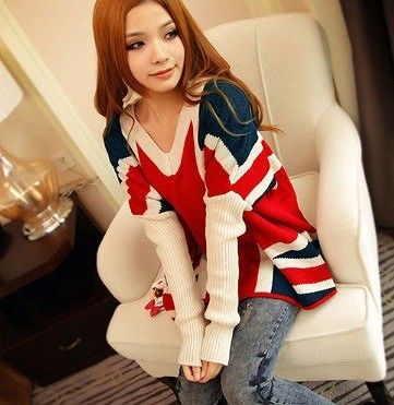 レディース　トップス　ニット　ゆるセーター　Vネック　ユニオンジャック　プルオーバー　長袖　シンプル　ゆったり　カジュアル　フリーサイズ　大人可愛い　フェミニン　デート　お出かけ　デイリー　ネイビー　レッド　送料無料