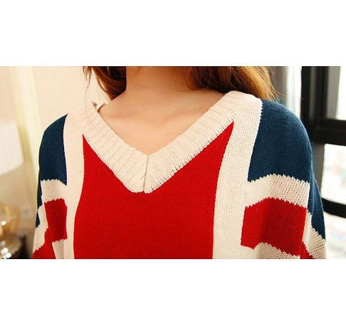レディース　トップス　ニット　ゆるセーター　Vネック　ユニオンジャック　プルオーバー　長袖　シンプル　ゆったり　カジュアル　フリーサイズ　大人可愛い　フェミニン　デート　お出かけ　デイリー　ネイビー　レッド　送料無料