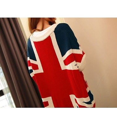 レディース　トップス　ニット　ゆるセーター　Vネック　ユニオンジャック　プルオーバー　長袖　シンプル　ゆったり　カジュアル　フリーサイズ　大人可愛い　フェミニン　デート　お出かけ　デイリー　ネイビー　レッド　送料無料