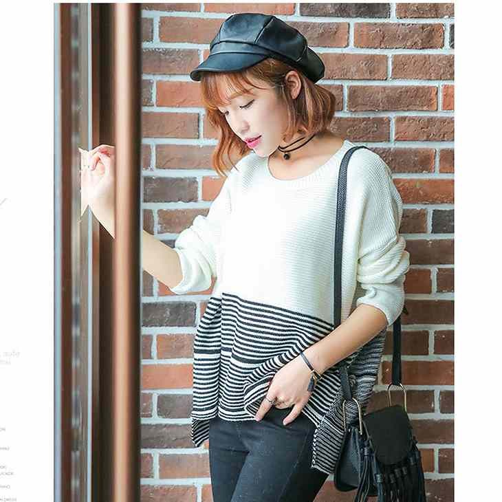 レディース　トップス　ニット　セーター　テールカット　ショート丈　プルオーバー　ボーダー　シンプル　カジュアル　フリーサイズ　大人可愛い　フェミニン　オフィス　デート　お出かけ　デイリー　ホワイト　送料無料