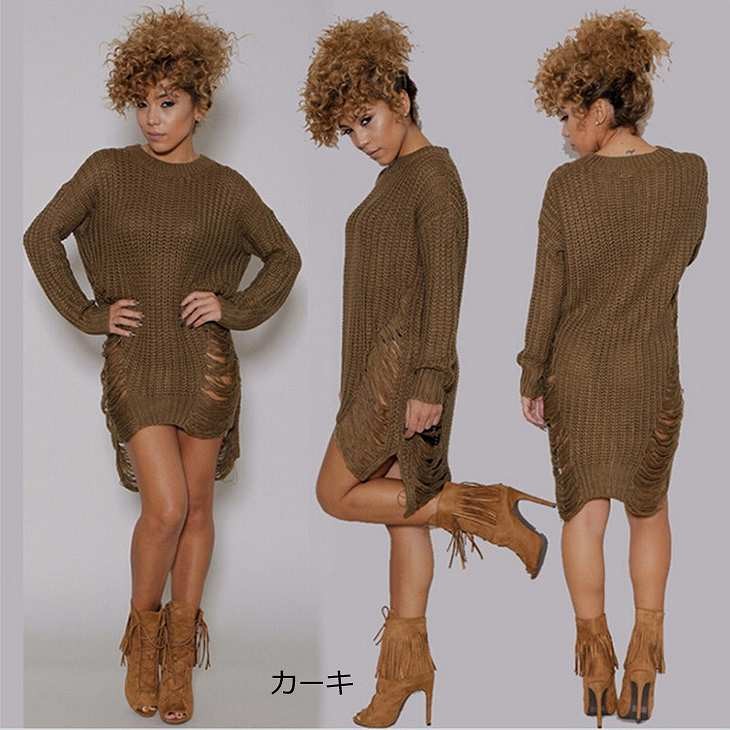 レディース　ニット　ワンピース　膝上丈　クルーネック　長袖　タイト　無地　セクシー　大人カジュアル　大きいサイズ　シンプル　リゾート　普段着　デイリー　お出かけ　デート　ホワイト　レッド　ブラック　カーキ　オフホワイト　送料無料