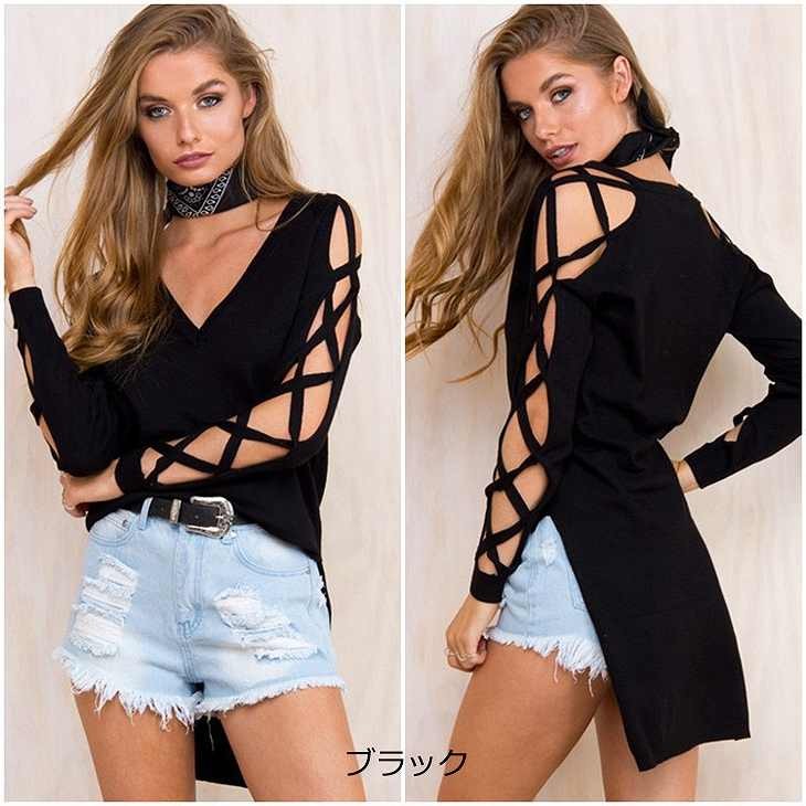 レディース　ニット　深Vネック　プルオーバー　セーター　長袖　編み上げ　ゆったり　無地　大人カジュアル　大きいサイズ　シンプル　リゾート　普段着　デイリー　お出かけ　デート　ブラック　ベージュ　送料無料