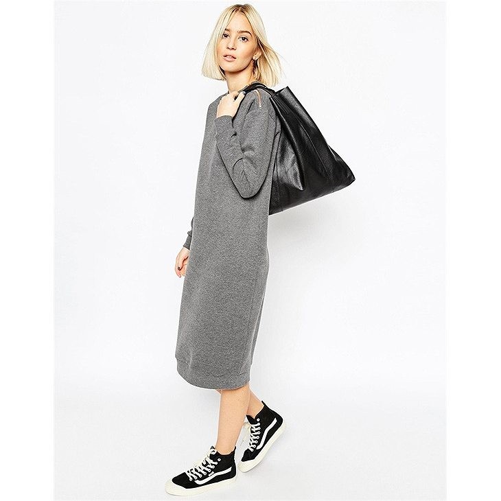 レディース　ボックスワンピース　ミモレ丈　長袖　サイドジップ　無地　クルーネック　ゆったり　大人カジュアル　大きいサイズ　シンプル　リゾート　普段着　デイリー　お出かけ　デート　グレー　送料無料