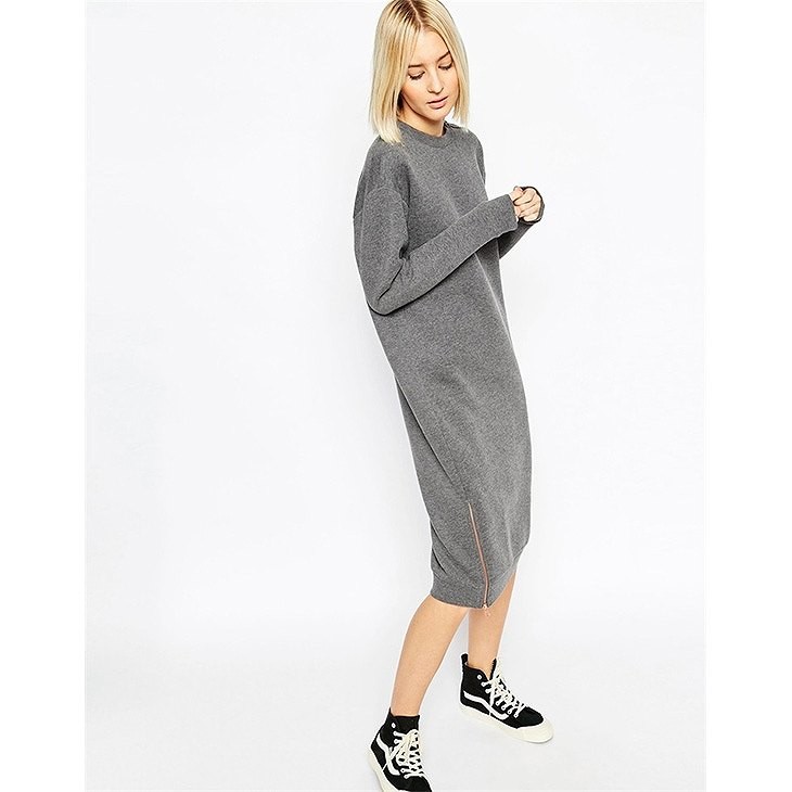 レディース　ボックスワンピース　ミモレ丈　長袖　サイドジップ　無地　クルーネック　ゆったり　大人カジュアル　大きいサイズ　シンプル　リゾート　普段着　デイリー　お出かけ　デート　グレー　送料無料