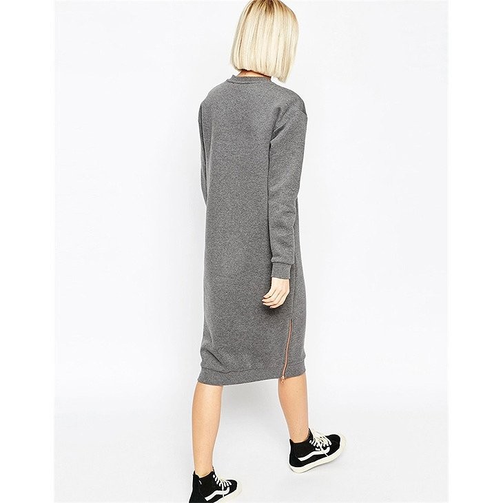 レディース　ボックスワンピース　ミモレ丈　長袖　サイドジップ　無地　クルーネック　ゆったり　大人カジュアル　大きいサイズ　シンプル　リゾート　普段着　デイリー　お出かけ　デート　グレー　送料無料