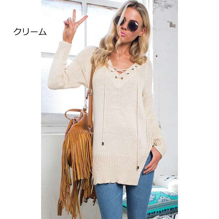レディース　トップス　ニット　Vネック　セーター　ロング丈　プルオーバー　サイドスリット　長袖　無地　シンプル　カジュアル　フリーサイズ　大人可愛い　セクシー　デート　お出かけ　デイリー　クリーム　ベージュ　ブラック　送料無料