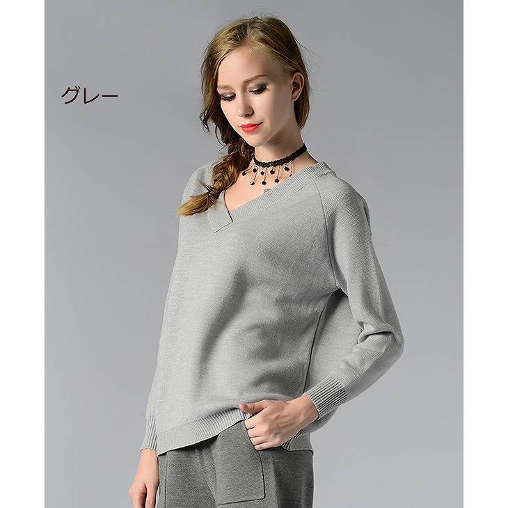 レディース　トップス　Vネック　ニット　セーター　プルオーバー　無地　シンプル　定番　カジュアル　大人可愛い　フェミニン　学生　オフィス　デート　お出かけ　デイリー　グレー　ホワイト　ダークブルー　送料無料