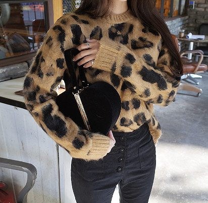 レディース　トップス　ヒョウ柄　クルーネック　レオパード　ニット　セーター　ショート丈　長袖　カジュアル　フリーサイズ　大人可愛い　フェミニン　デート　お出かけ　デイリー　普段着　ブラウン　送料無料