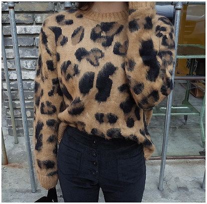 レディース　トップス　ヒョウ柄　クルーネック　レオパード　ニット　セーター　ショート丈　長袖　カジュアル　フリーサイズ　大人可愛い　フェミニン　デート　お出かけ　デイリー　普段着　ブラウン　送料無料